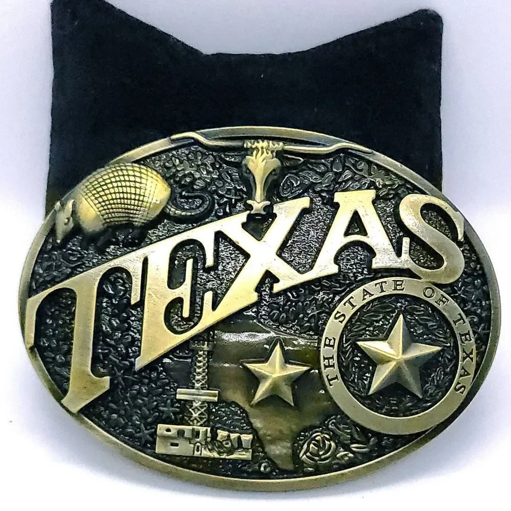 Texas Western Belt Buckle Lone Star Longhorn Armadillo Oil Well Antique Brass